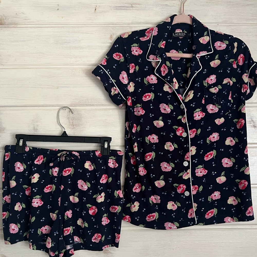 Lauren Ralph Lauren Blue Cotton Boxer Short Pajama Set Pink Floral Women's Small